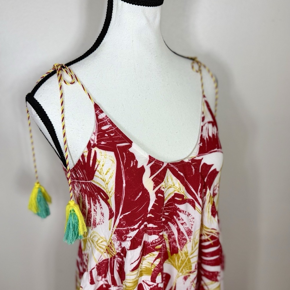 Peach Love Women Tropical Midi Dress S Red White Palm Leaf Tassel Tie Strap Boho - Picture 3 of 9
